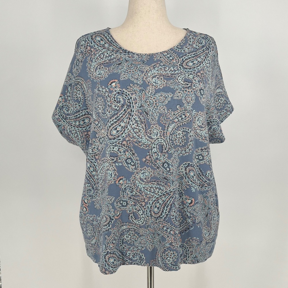 J. Jill Wearever Womens Paisley Scoop Neck Dolman Short Sleeve Top Size XL Blue